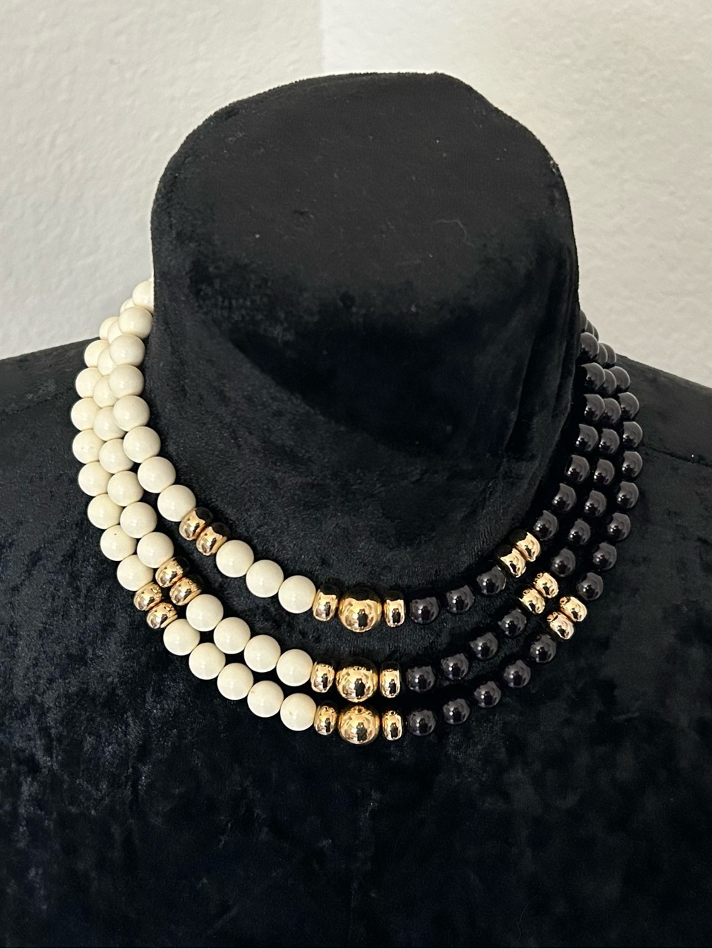 Vintage Black White Triple Strand Beaded Necklace Gold Tone Clasp